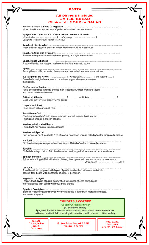 Pasta Menu
