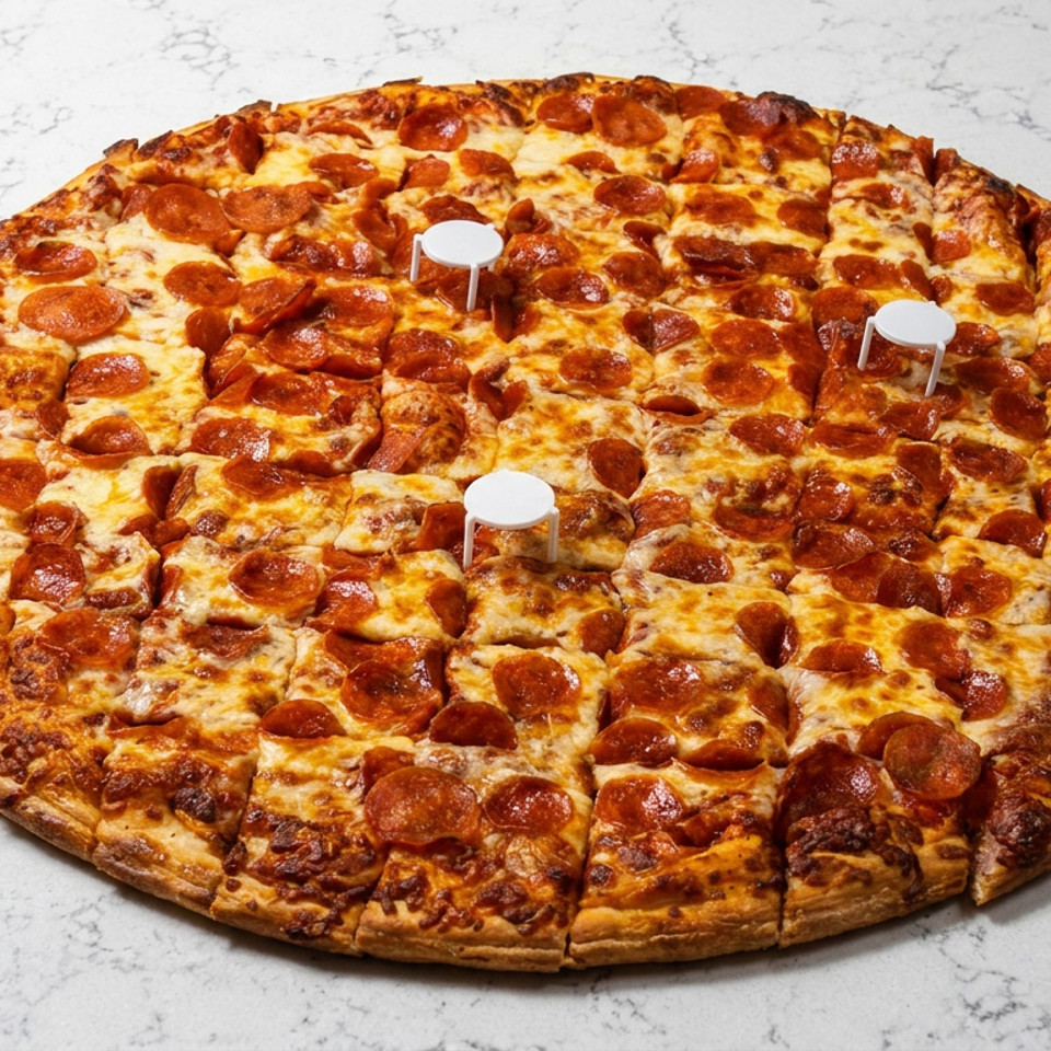 Large pepperoni pizza with melted cheese, cut into square slices and topped with three white pizza savers.