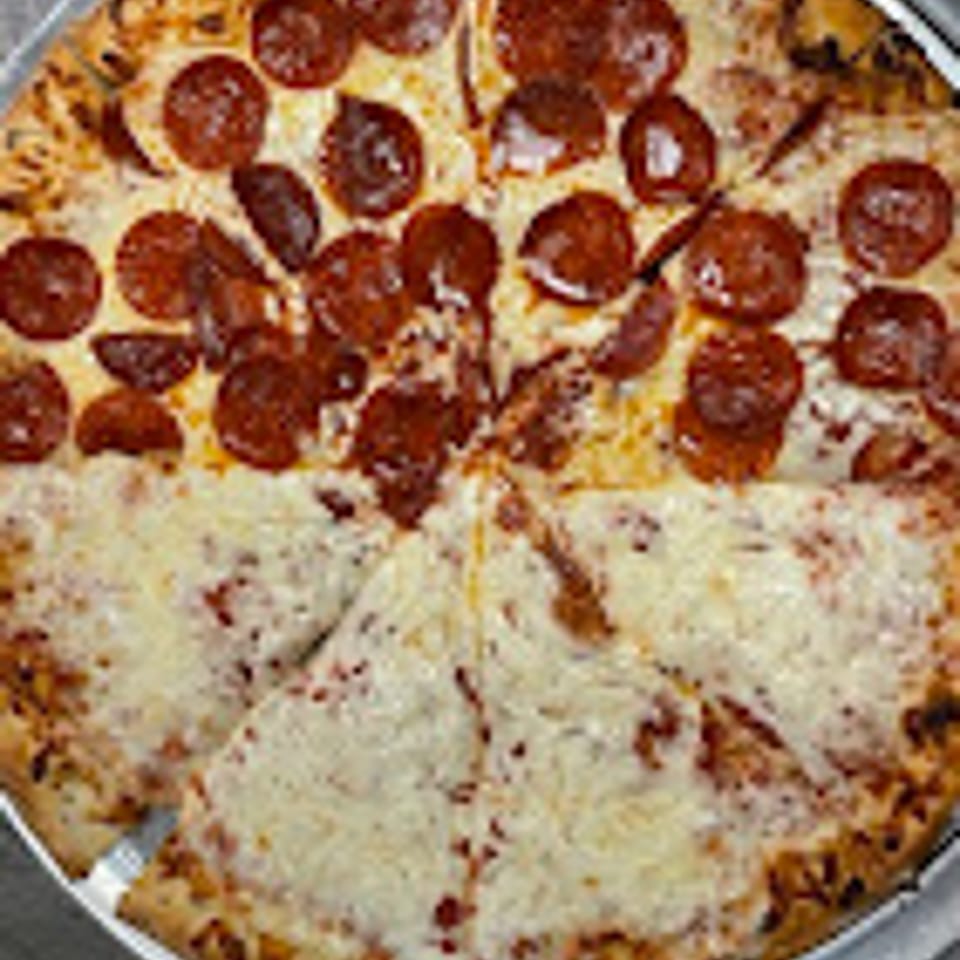 Vittoria half-cheese and half-pepperoni pizza.