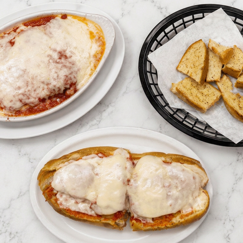 Italian-American meal featuring two cheese-covered meat dishes with marinara sauce and seasoned toasted bread on a marble table.