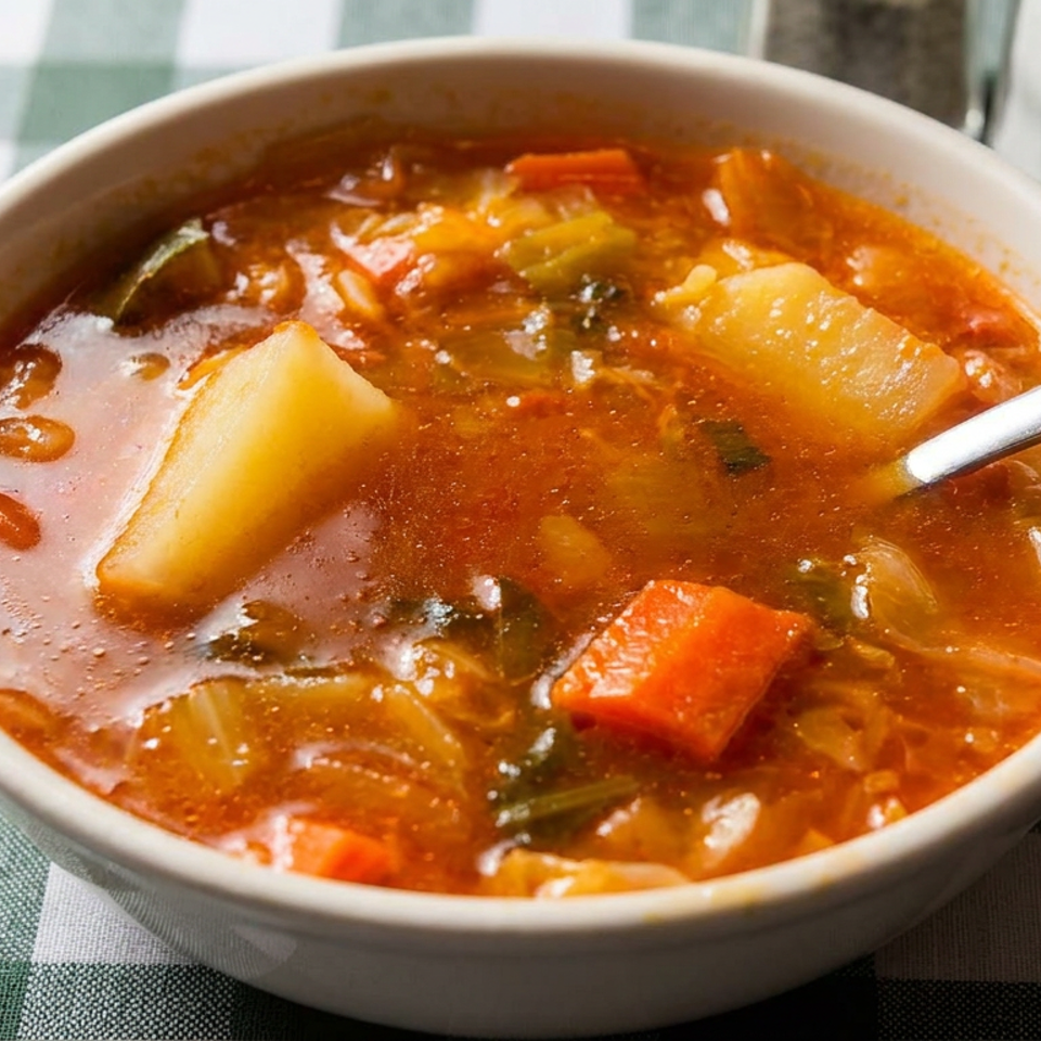 Bowl of hearty vegetable soup with potatoes, carrots, and beans on a green-and-white checkered tablecloth.