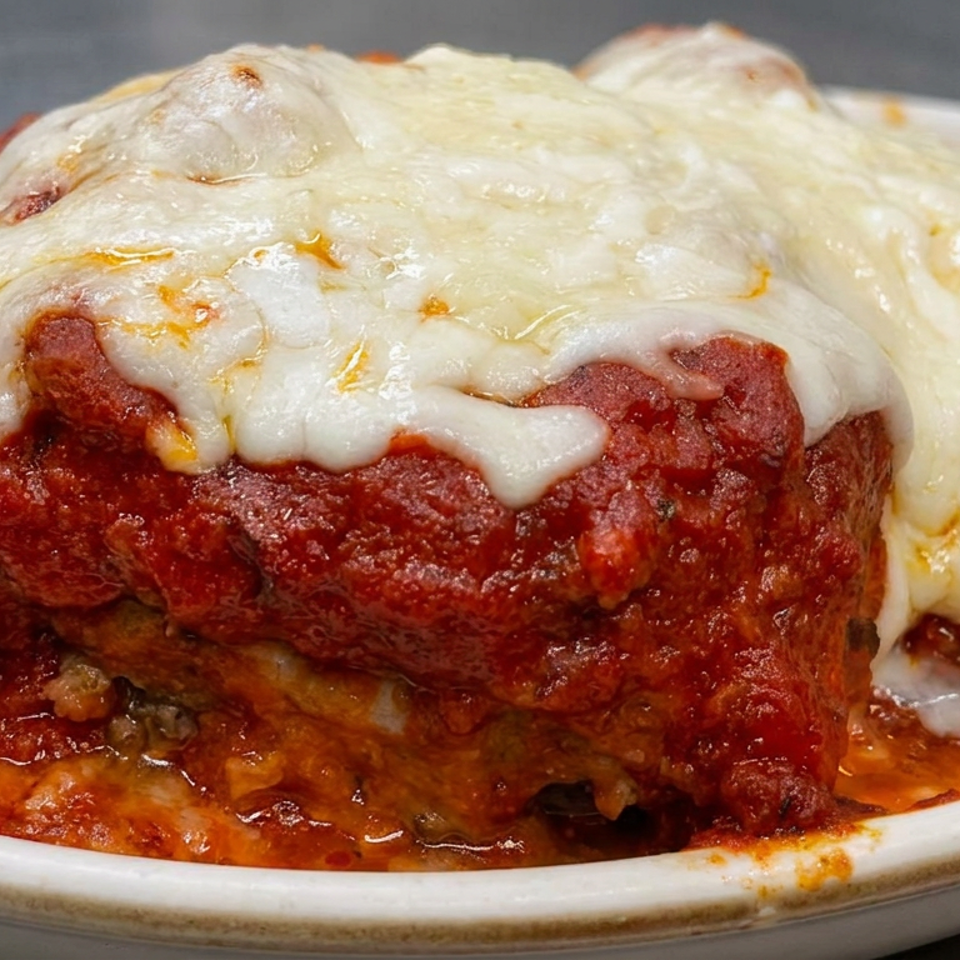 Baked meatballs covered in melted cheese and tomato sauce, served in a white oval dish.