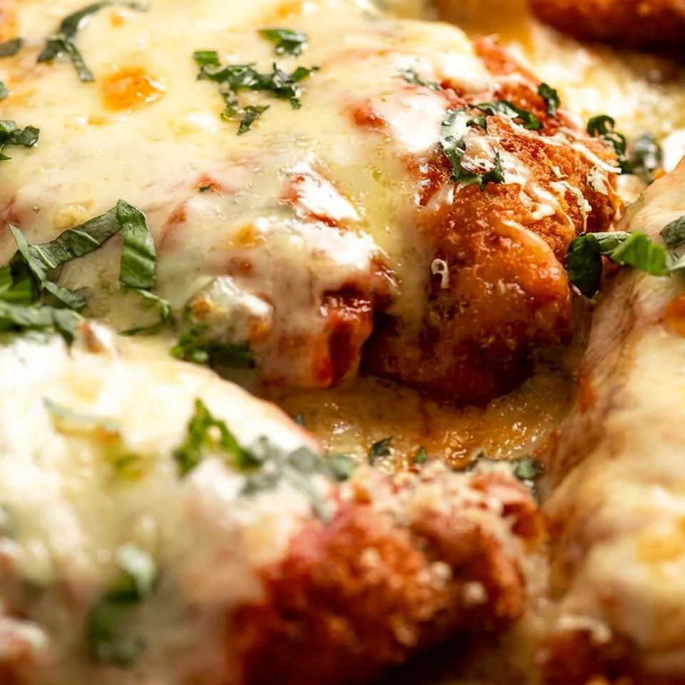 Close-up of crispy breaded cutlets topped with melted cheese, tomato sauce, and fresh herbs.