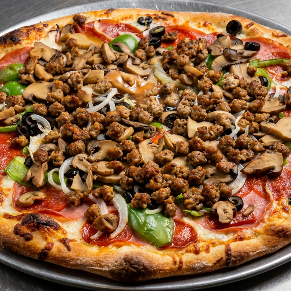 Loaded meat-lover’s pizza topped with sausage, pepperoni, mushrooms, green peppers, onions, and black olives on a metal tray.