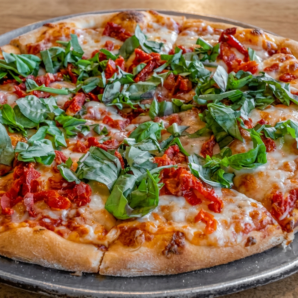 Large cheese pizza topped with tomatoes, pepperoni, and fresh basil on a metal tray atop a wooden table.