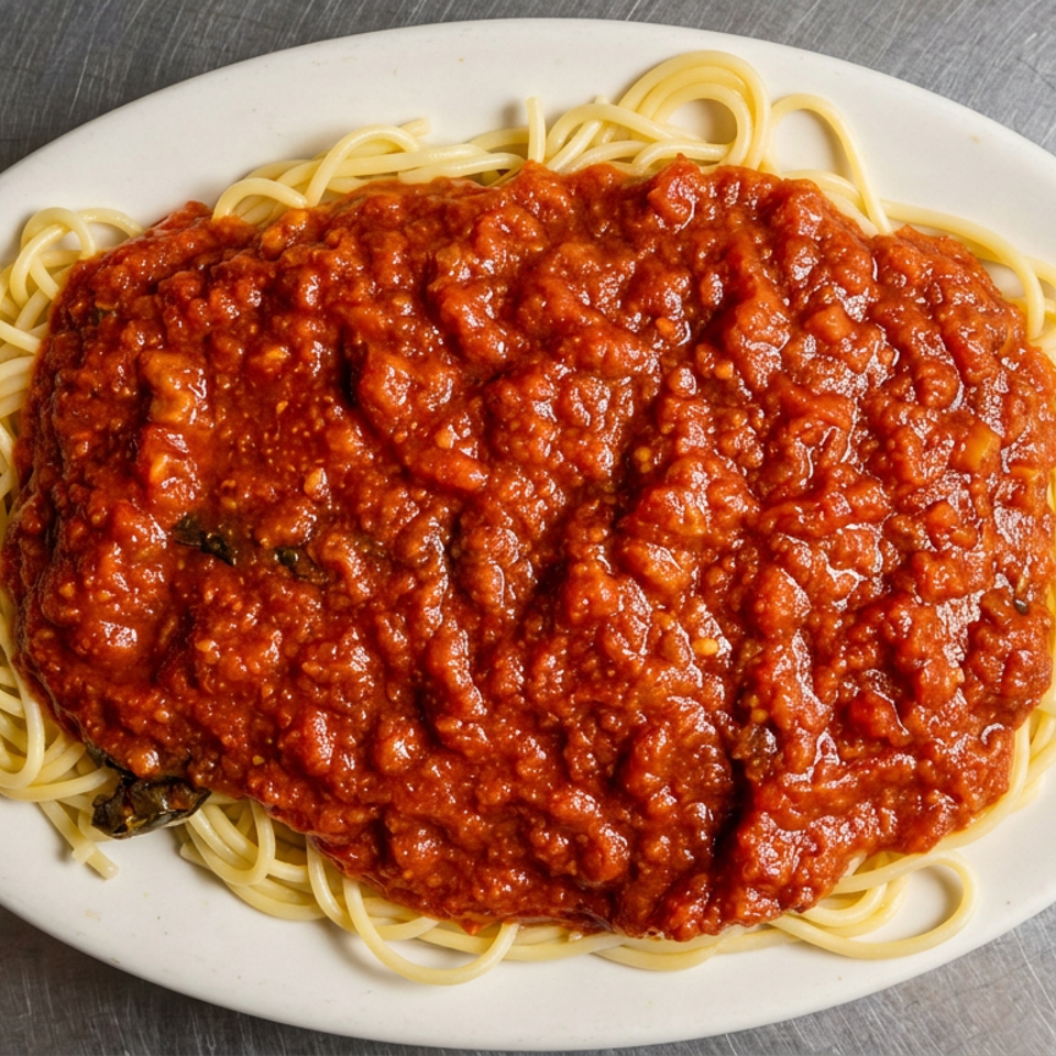Plate of spaghetti topped with chunky red meat sauce on a white oval dish over a stainless steel surface.